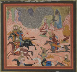 Bazur, der Magier, beschwört Dunkelheit und einen Sturm herauf, Folio aus einem Shahnama..., ca. 1430-40