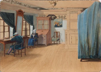 Schlafzimmerinterieur. Graf Yegor Frantsevich Kankrin 1774-1845 an seinem Schreibtisch, 1820er Jahre