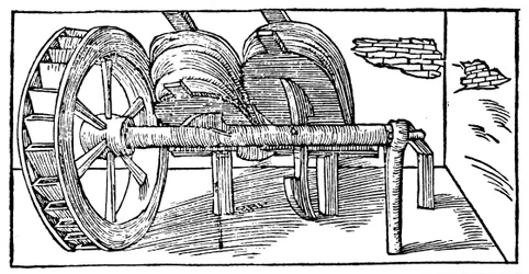 Blasebalg, betrieben von einer Nockenwelle, angetrieben durch ein Wasserrad, 1540