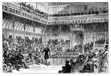 Benjamin Disraeli stellt seinen Reformgesetzentwurf im House of Commons vor, ca. 1867