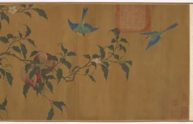 Vögel unter Pfirsichzweigen, Qing-Dynastie, 18. Jahrhundert