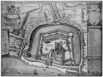 Vogelperspektive des Turms und der Freiheiten, wie sie 1597 in London erschienen