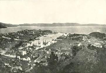 Vogelperspektive des Hafens, Bergen, Norwegen, 1895