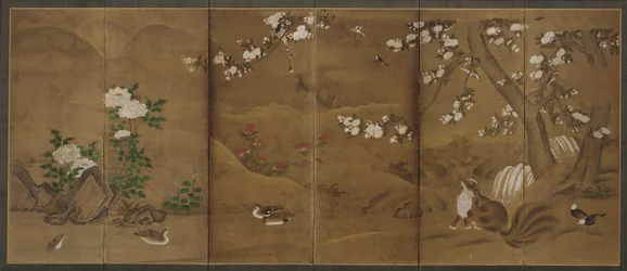 Vögel, Blumen der Jahreszeiten und Zibetkatzen, Muromachi- oder Momoyama-Periode, 16. Jahrhundert
