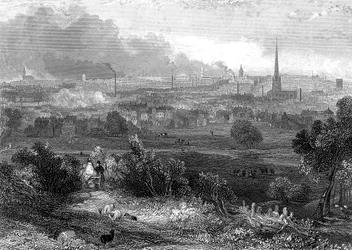 Birmingham von Süden gesehen mit rauchenden Schornsteinen, um 1860