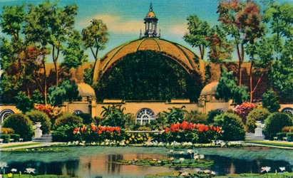 Botanisches Gebäude und Lagune. San Diego, Kalifornien, ca. 1941