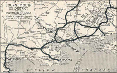 Bournemouth und Umgebung, zeigt Southern Railway Verbindungen, 1929