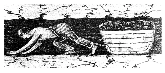 Junge, der einen Kohleschlitten durch einen engen Stollen zieht, Südwales, 1848