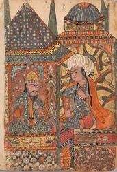 Burzuyeh wird von Nushirvan nach seiner Rückkehr aus Indien gerufen, Folio aus einem Kalila..., 18. Jahrhundert
