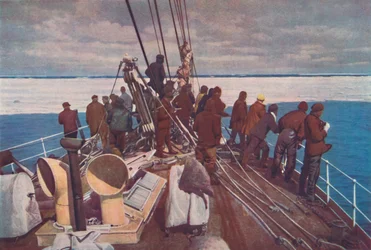 Kapitän Scotts Schiff, die Terra Nova, beim Einfahren ins Packeis der Südpolarregionen, ca. 1910-192, 1936