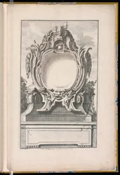 Kartusche verziert mit einem Helm und einer Maske