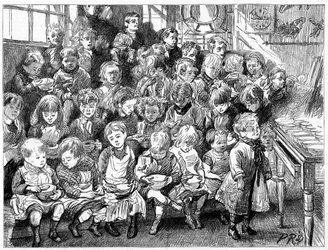 Kinder warten auf Suppe zur Essenszeit, London Board School, Denmark Terrace, Islington, 1889