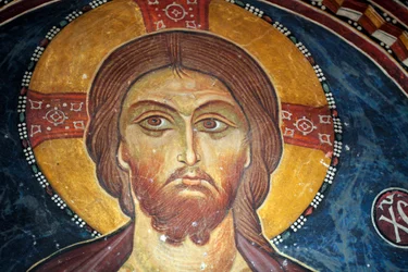 Christus und das Jüngste Gericht Detail des byzantinischen Freskos aus dem Narthex-Gewölbe der Kirche von Asinou Jüngstes Gericht Szene 14. Jahrhundert (1332) UNESCO-Weltkulturerbe Troodos-Region, Zypern