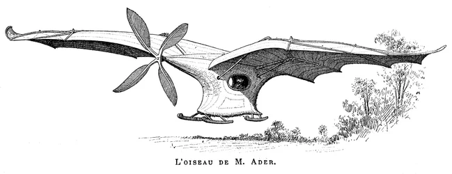 Clement Aders fliegender Vogel Eole, das erste bemannte Flugzeug, das aus eigener Kraft abhob, 1890
