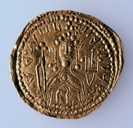 Münze Zlatnik von Großfürst Wladimir Swjatoslawitsch, Avers: Porträt des Herrschers, 980-1015