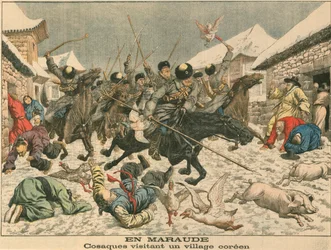 Kosaken terrorisieren ein koreanisches Dorf, Russisch-Japanischer Krieg, 1904