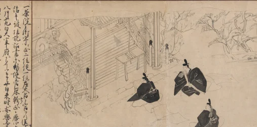 Höflinge besuchen Sugawara no Michizanes Grabtempel..., ca. 1300