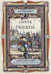 Titelblatt des Alphabets des orientalischen Märchens. Epinal-Bildgebung, um 1890. Beliebte Serie. Kleines Heft mit 8 Seiten.