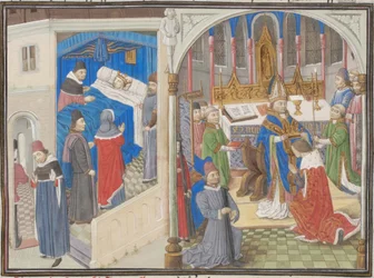 Tod Amalrichs I. von Jerusalem. Krönung Balduins IV. Miniatur aus der Historia von Wilhelm von Tyrus, 1460er Jahre