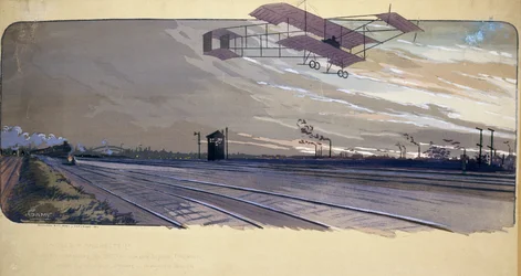 Anfänge der Luftfahrt: Louis Paulhan (1884-1963) überquert eine Eisenbahnstrecke in seinem Doppeldeckerflugzeug während des 300 km langen Rennens London/Manchester am 27. und 28. April 1910