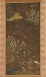 Abstieg und Rückkehr von Amida ins westliche Paradies mit der Seele eines Gläubigen Gosho Mandara, um 1300