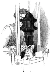 Prägen der Kanal- und Augenposition auf Nadelstangen, Redditch, England, um 1835