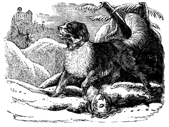 Hund vom Hospiz des Heiligen Bernhard findet einen Reisenden im Schnee, ca. 1840