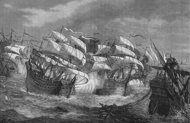 Drake greift das spanische Schatzschiff an, um 1578, um 1880