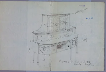 Zeichnung, Entwurf für ein Sideboard mit Glastürenschrank darüber