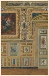 Querschnitt einer Wand mit Gruppen bemalter Paneele, Ovales Zimmer, Salon Louis XIV, Schloss Fontainebleau, Frankreich