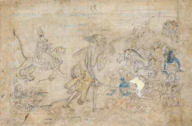 Durga und Kali nähern sich den versammelten Armeen von Chanda und Munda..., ca. 1780