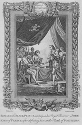 Edward, der Schwarze Prinz, wartet seinem königlichen Gefangenen Johann, König von Frankreich, auf, um 1787