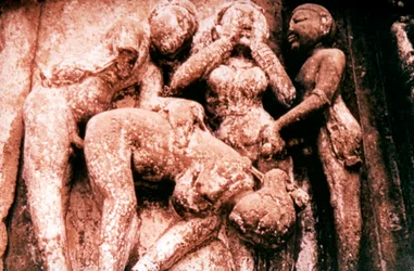 Erotische Skulptur, Hindu-Tempel, Khajuraho, Indien, 950 - 1050