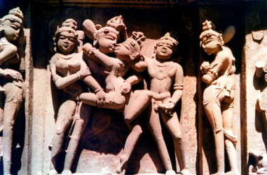 Erotische Skulptur, Hindu-Tempel, Khajuraho, Indien, 950 - 1050