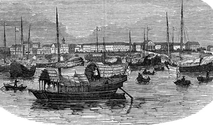 Europäische Fabriken in Kanton Guangzhou, China, um 1875