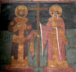 Erhöhung des Kreuzes. Heilige Konstantin der Große und Helena, um 1350