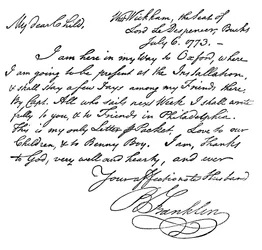 Faksimile eines Briefes von Benjamin Franklin an seine Frau, 1773 um 1880