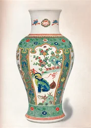 Famille Verte Vase, mit vier aufrechten Tafeln bemalt mit Felsen und blühenden Pflanzen, zwei Monstern