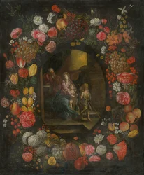 Familie in einer Blumen- und Fruchtgirlande