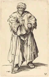Dicker Bettler mit gesenktem Blick