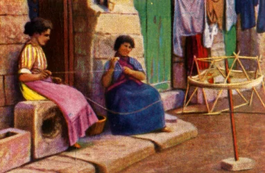 Fischerfrauen beim Aufwickeln von Garn für Netze, Malta, um 1928