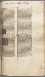 Fol. 251 r, Weisheit, historisierte Initiale D, Salomo unterweist einen Soldaten, ca. 1275-1300