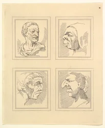 Vier Köpfe aus Characaturas von Leonardo da Vinci, nach Zeichnungen von Wincelslaus Hollar, 1786