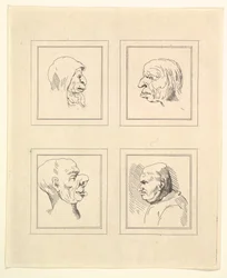 Vier Köpfe aus Characaturas von Leonardo da Vinci, nach Zeichnungen von Wincelslaus Hollar