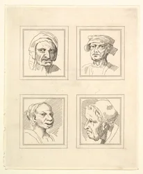 Vier Köpfe aus Characaturas von Leonardo da Vinci, nach Zeichnungen von Wincelslaus Hollar