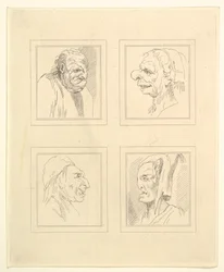 Vier Köpfe aus Characaturas von Leonardo da Vinci, nach Zeichnungen von Wincelslaus Hollar (1786)
