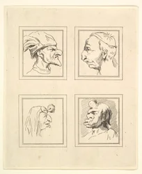Vier Köpfe aus Characaturas von Leonardo da Vinci, aus Zeichnungen von Wincelslaus Hollar, 1786