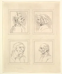 Vier Köpfe aus Karikaturen von Leonardo da Vinci, aus Zeichnungen von Wenzel Hollar, o..., 1786