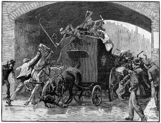 Befreiung der Führer der Fenian-Verschwörung aus einem Polizeiwagen, Hyde Street, Manchester, 1867