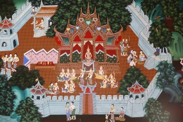 Fresko im Wat Ampharam, Hua Hin, Thailand: Temiya Jataka, auch Muga-Pakkha Jataka genannt, eines der früheren Leben des Buddha